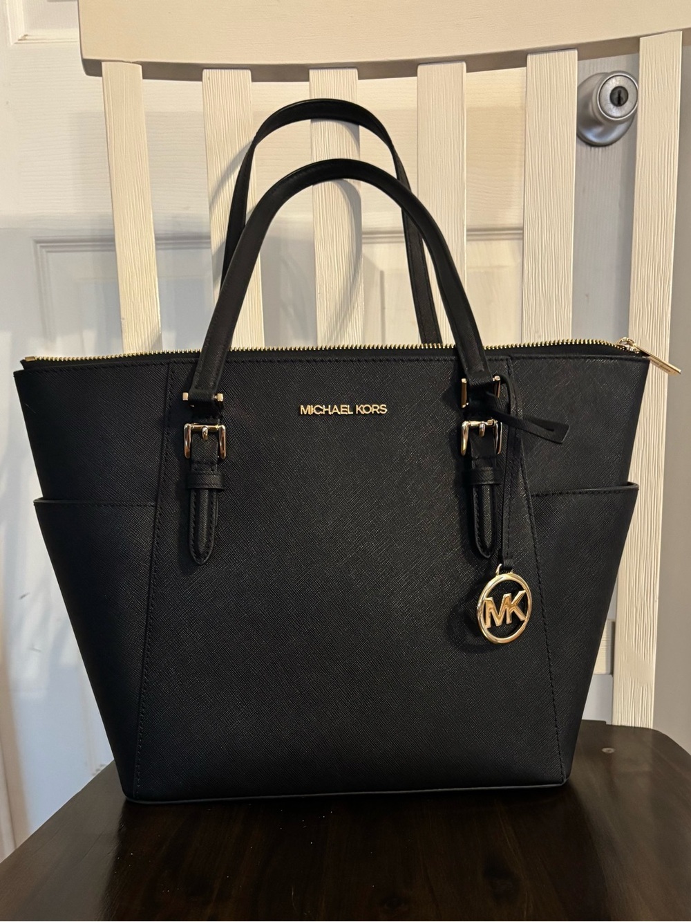 Michael Kors Charlotte Black Leather Tote with Gold Hardware